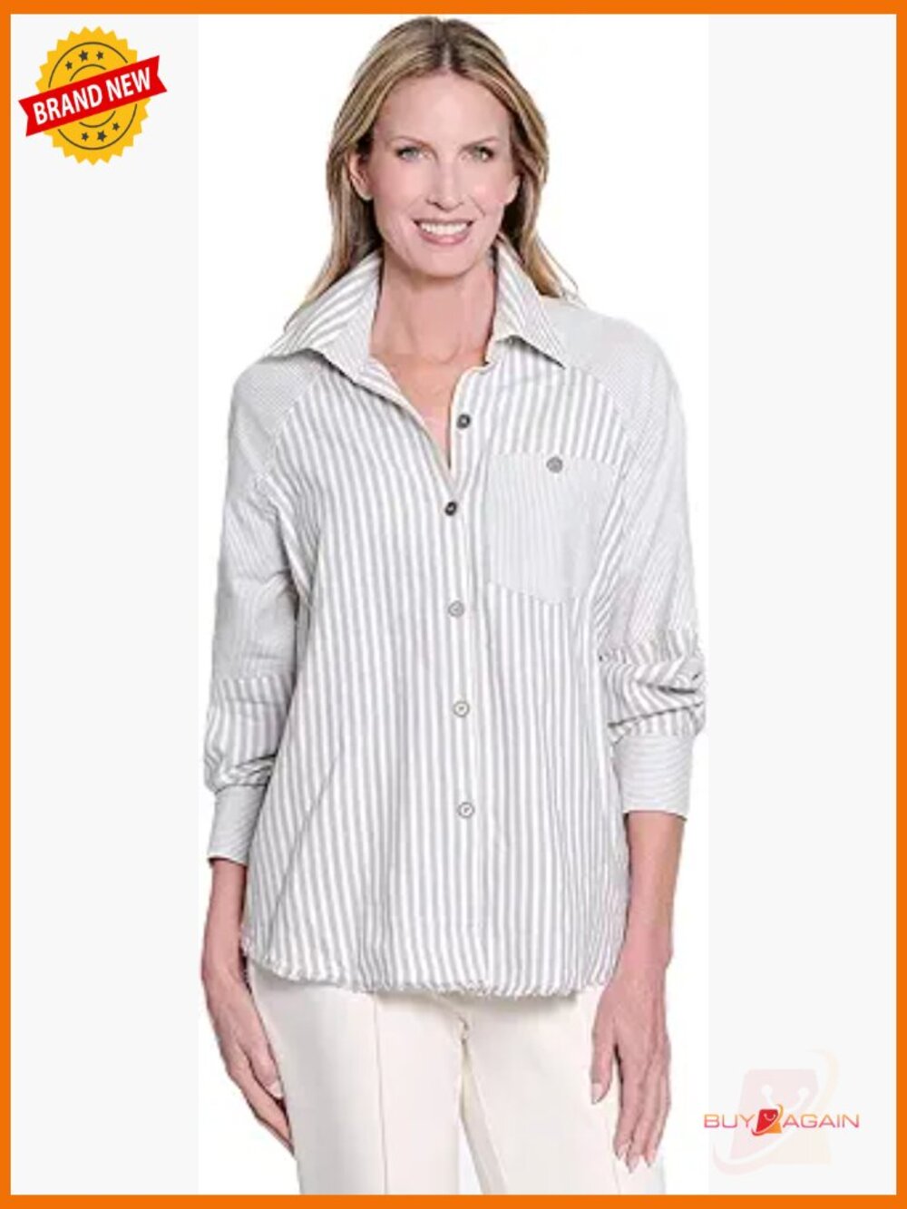 Cuffed Raglan Long Sleeve Button Front Shirt - Striped Cotton Top